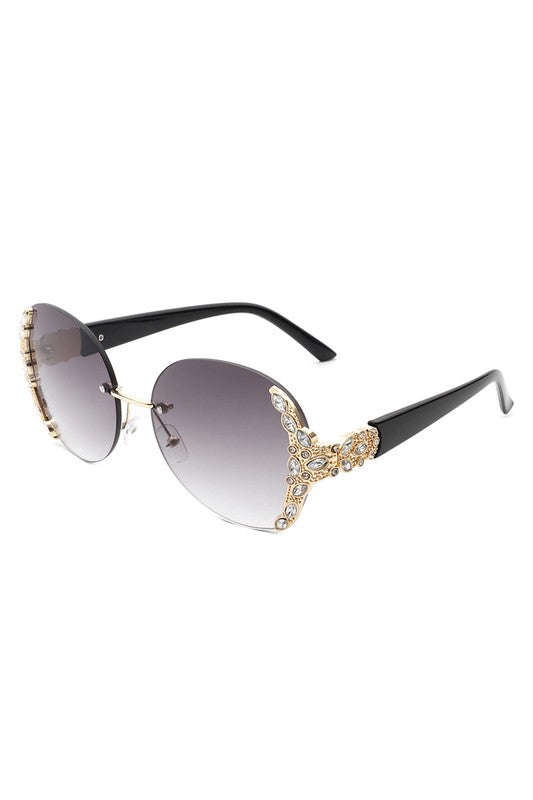 Rimless Round Rhinestone Oversize Sunglasses