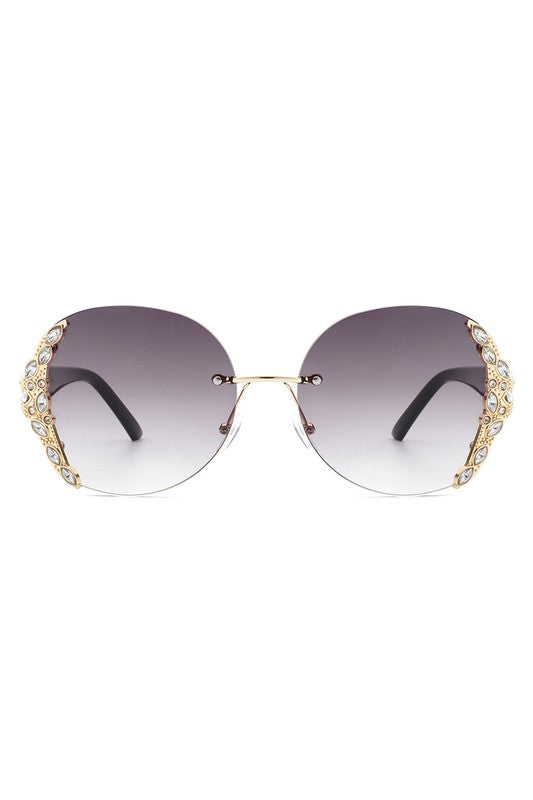 Rimless Round Rhinestone Oversize Sunglasses