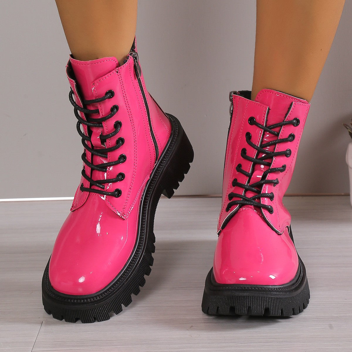 Jelly British Style Patent Leather Platform Lace-up Boots - Body By J'ne