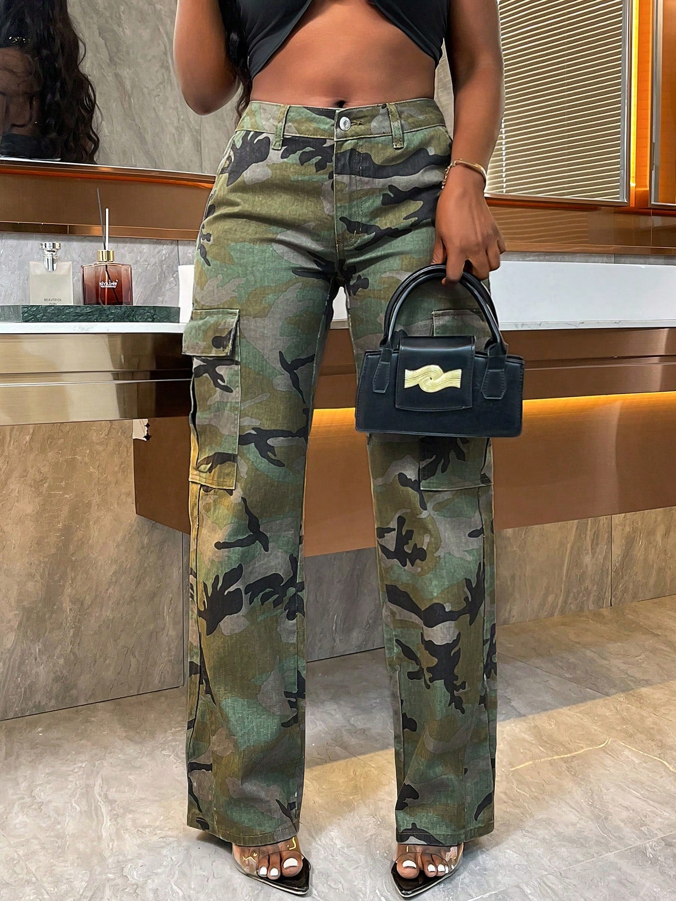 Camo Print Low Waist Straight Leg Jeans