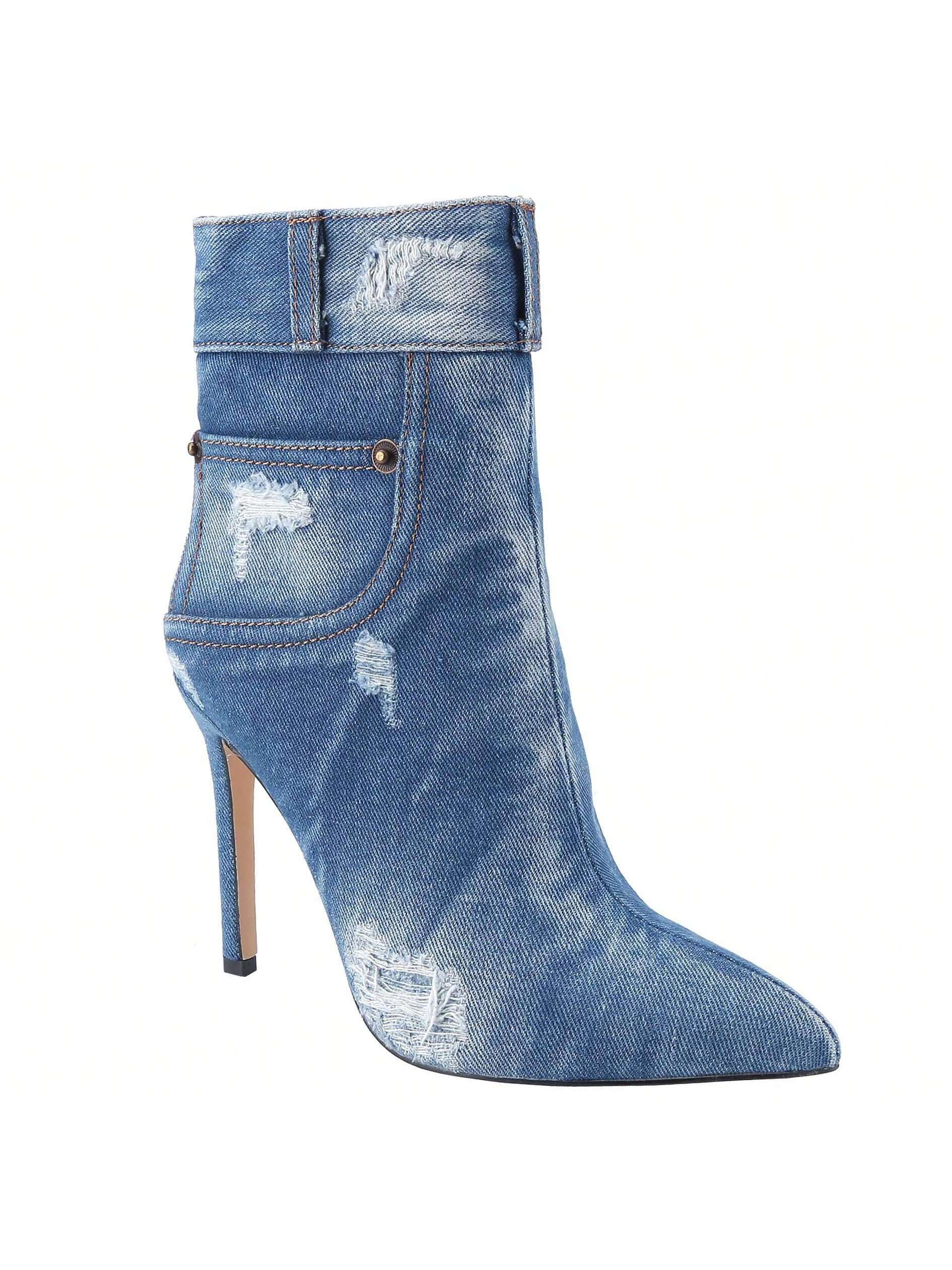 Denim High-Heeled Ankle Boots