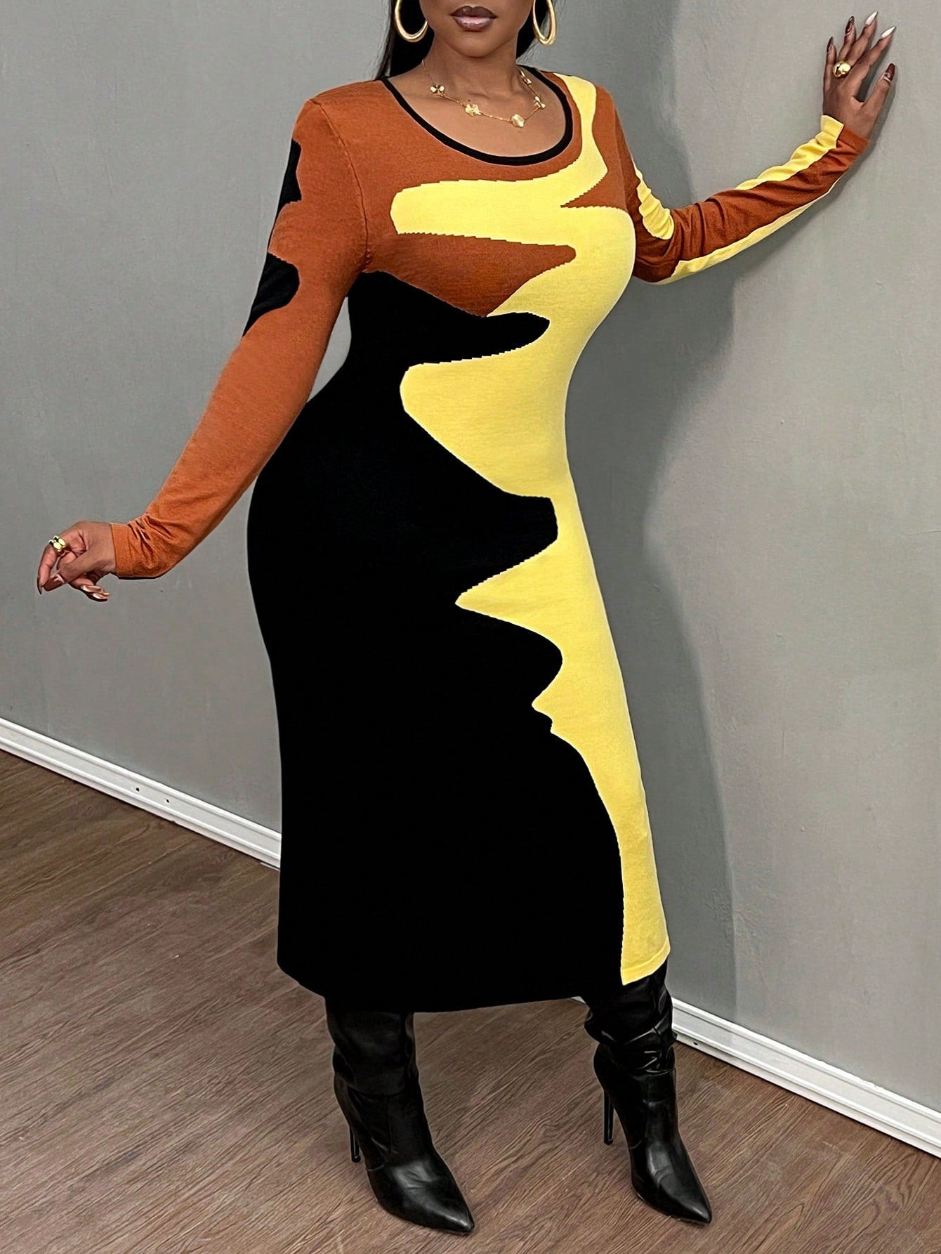 Vintage Casual Round Neck Long Sleeve Dress - Body By J'ne