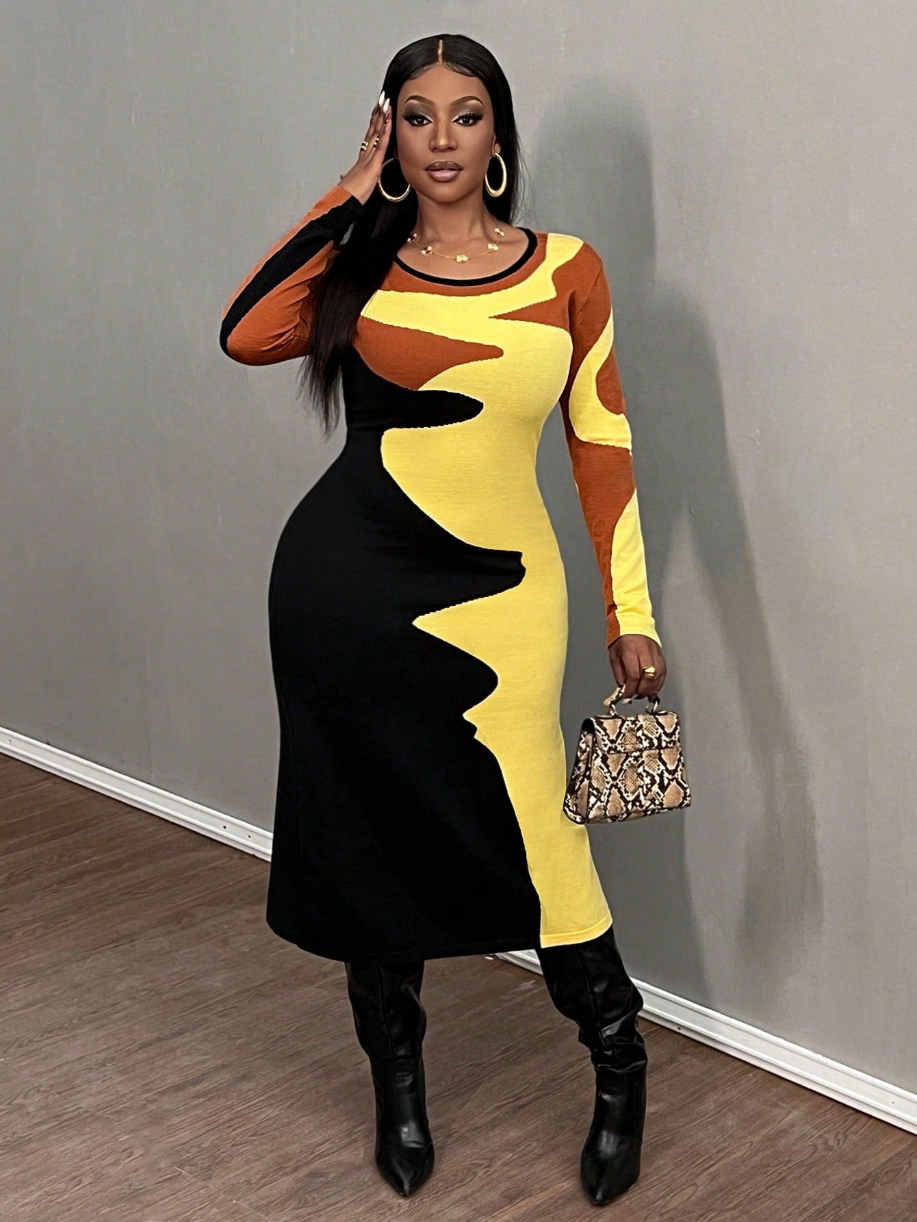 Vintage Casual Round Neck Long Sleeve Dress - Body By J'ne