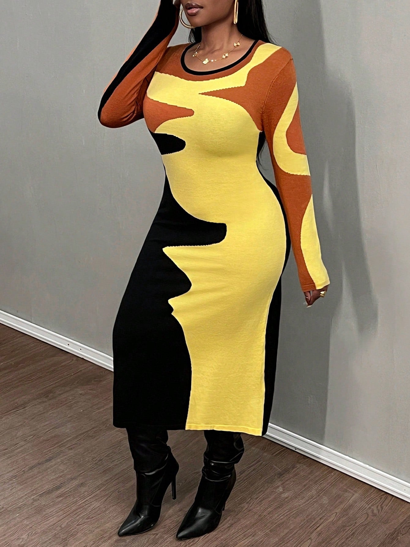 Vintage Casual Round Neck Long Sleeve Dress - Body By J'ne