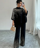 Sequin Patchwork Batwing Sleeve Sweater And Knitted Pants Set