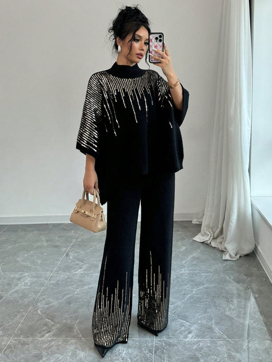 Sequin Patchwork Batwing Sleeve Sweater And Knitted Pants Set