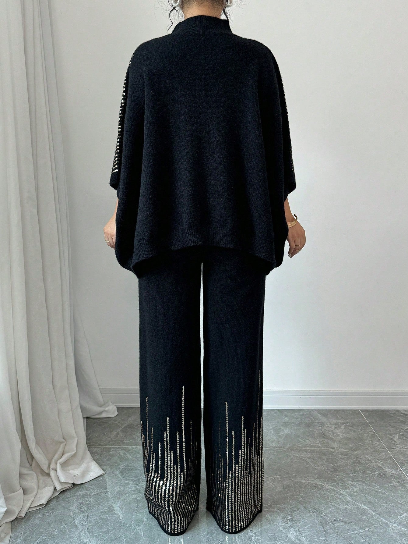 Sequin Patchwork Batwing Sleeve Sweater And Knitted Pants Set - Body By J'ne