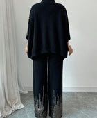 Sequin Patchwork Batwing Sleeve Sweater And Knitted Pants Set