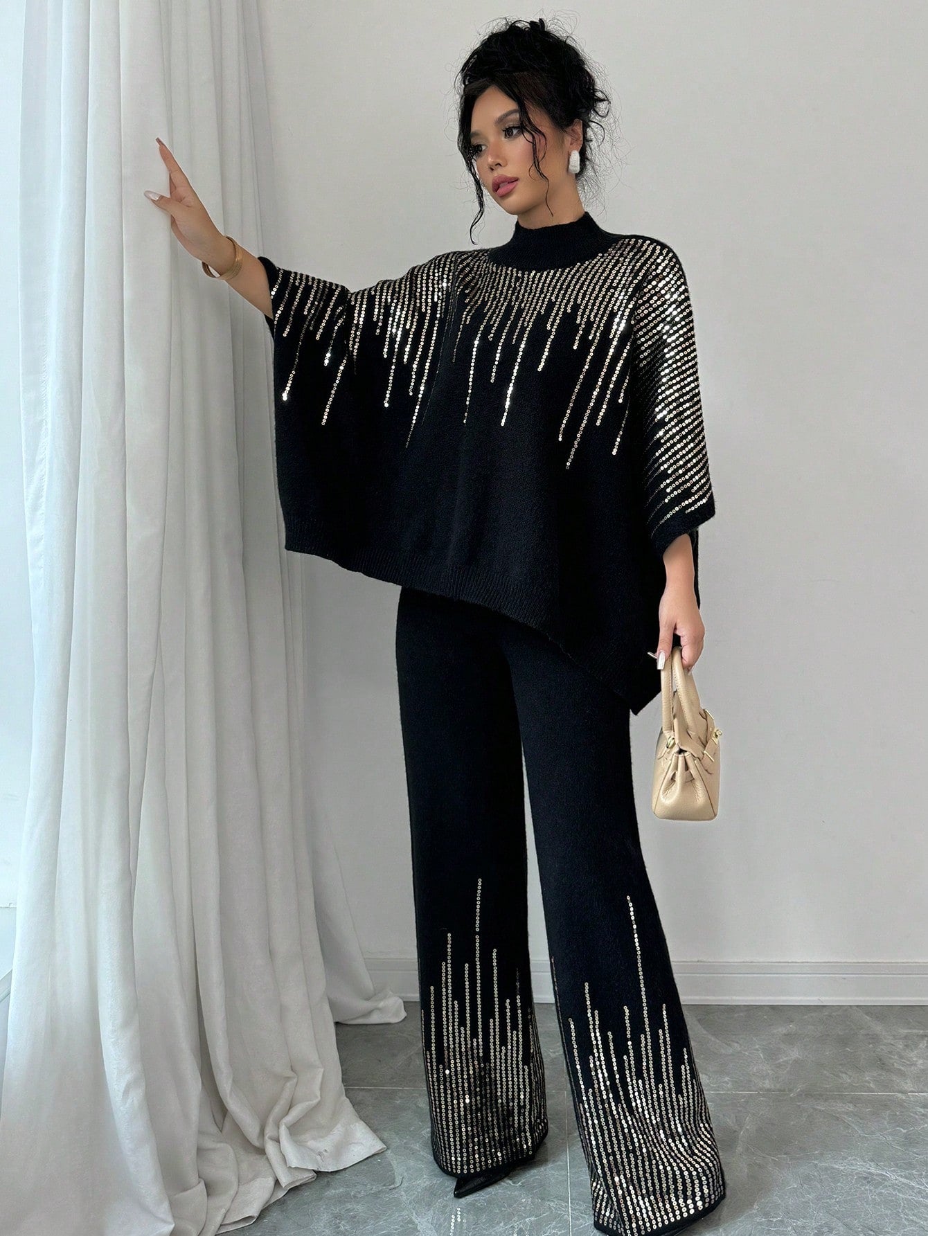 Sequin Patchwork Batwing Sleeve Sweater And Knitted Pants Set - Body By J'ne