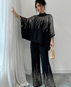 Sequin Patchwork Batwing Sleeve Sweater And Knitted Pants Set