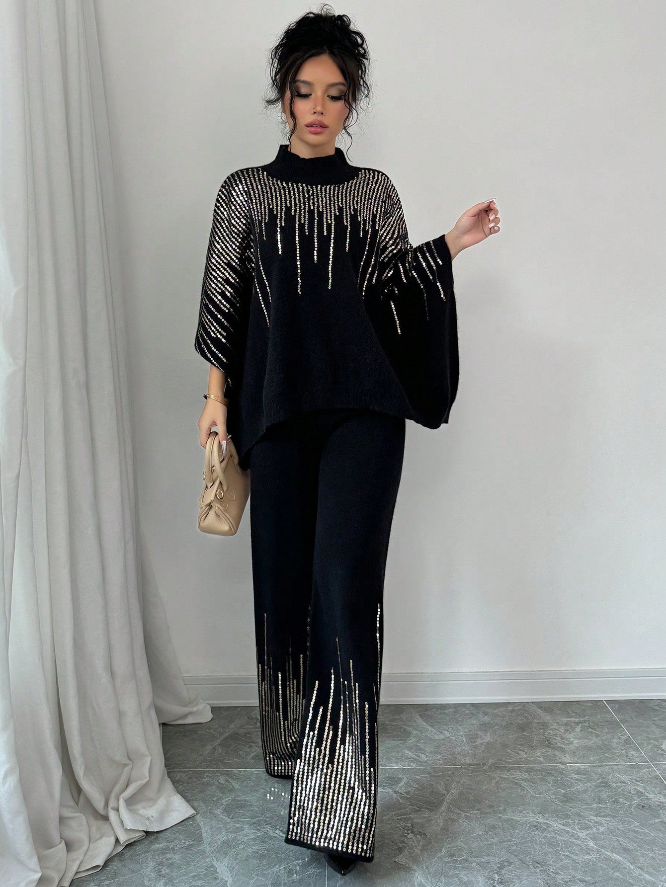 Sequin Patchwork Batwing Sleeve Sweater And Knitted Pants Set