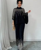 Sequin Patchwork Batwing Sleeve Sweater And Knitted Pants Set