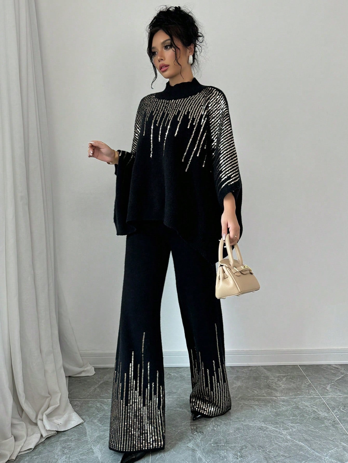 Sequin Patchwork Batwing Sleeve Sweater And Knitted Pants Set