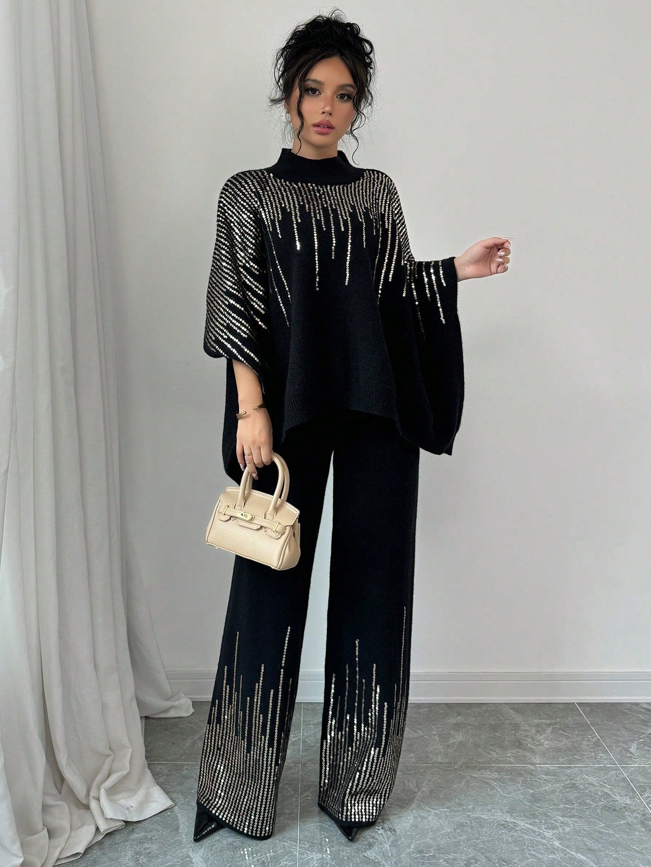 Sequin Patchwork Batwing Sleeve Sweater And Knitted Pants Set - Body By J'ne