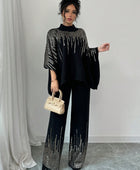 Sequin Patchwork Batwing Sleeve Sweater And Knitted Pants Set