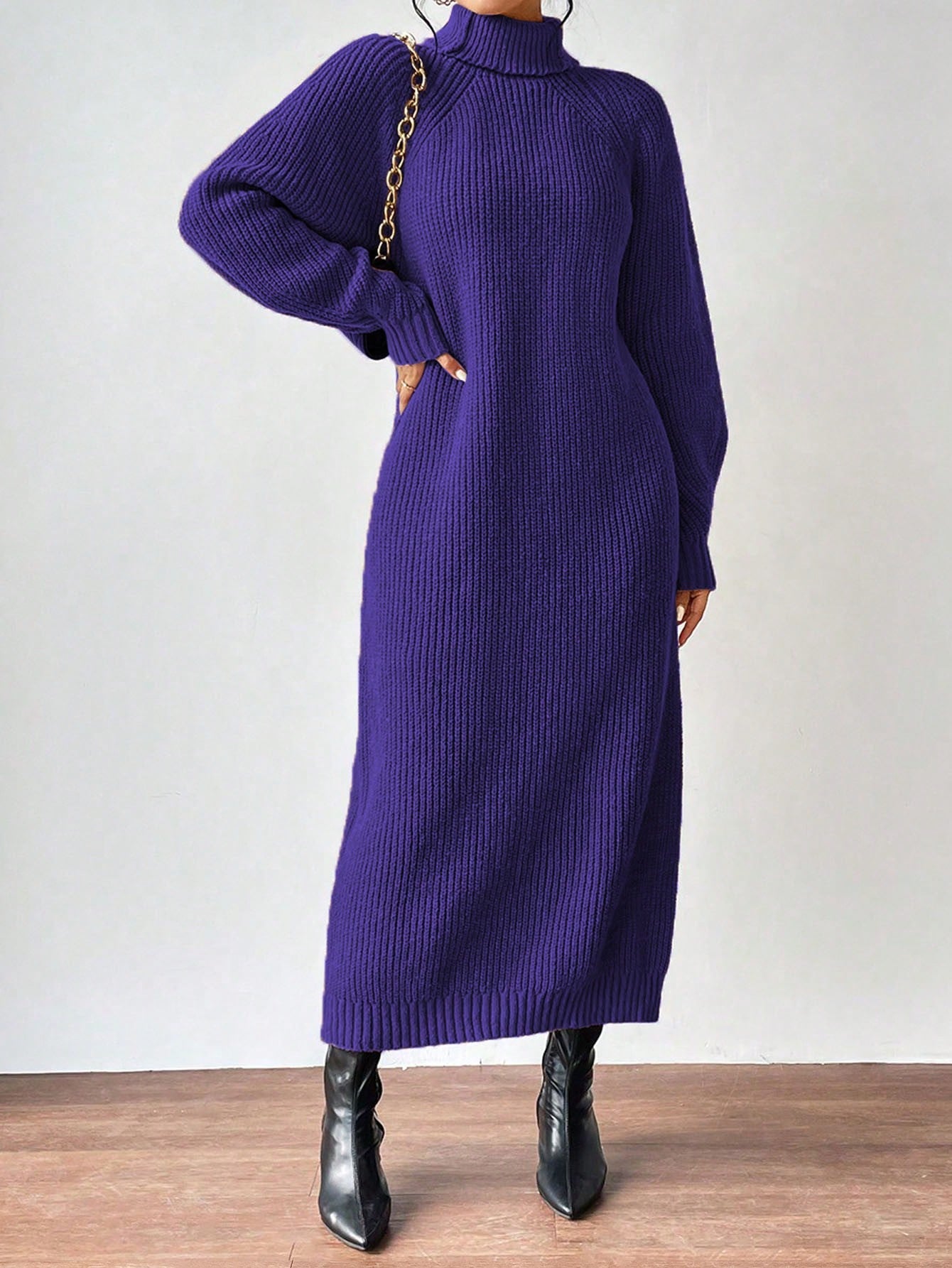 High Neck Raglan Sleeve Sweater Dress