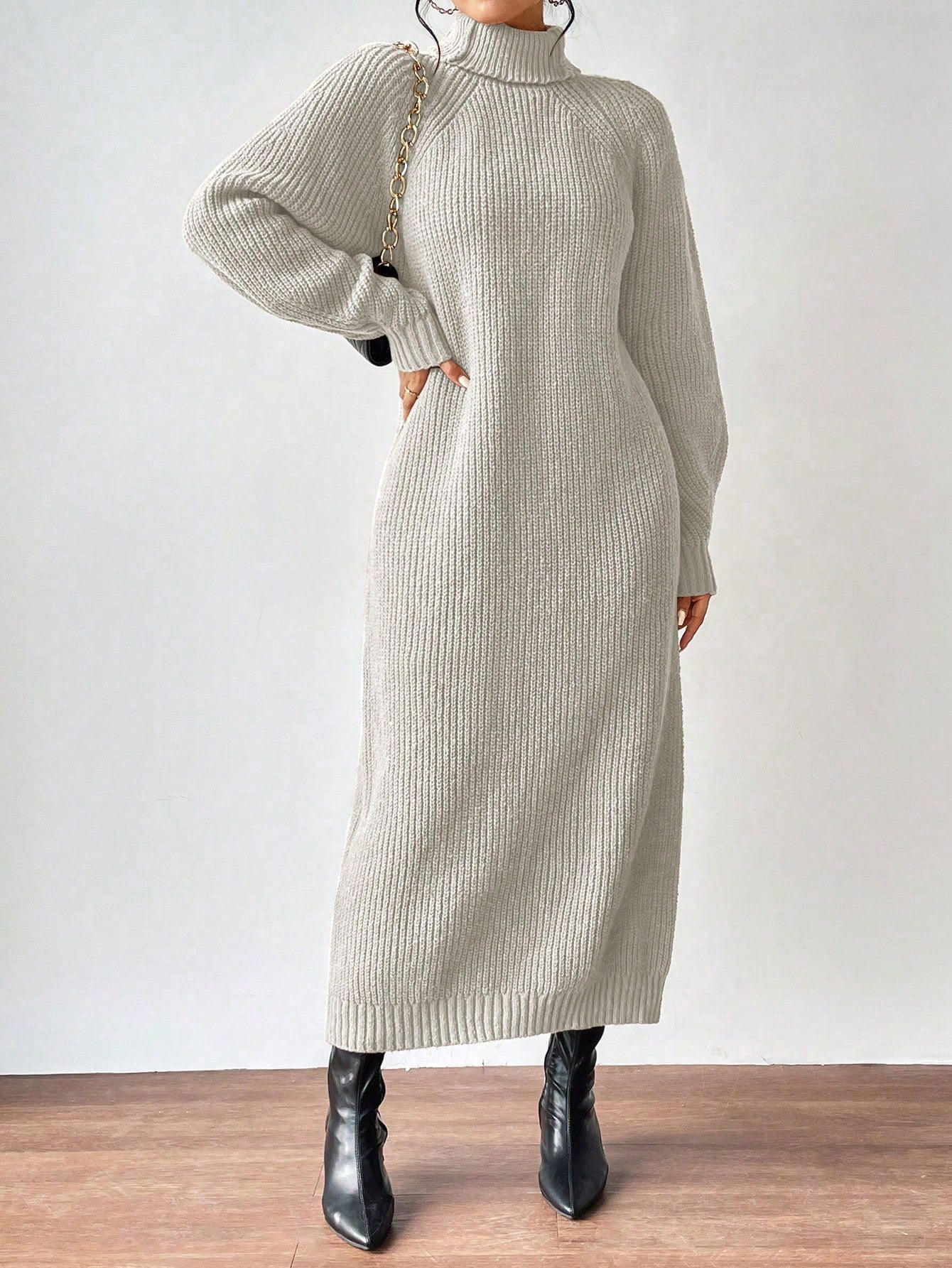 High Neck Raglan Sleeve Sweater Dress