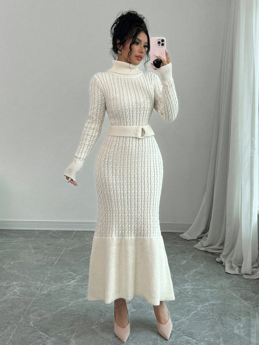 High Collar Belted Sweater Dress - Body By J'ne