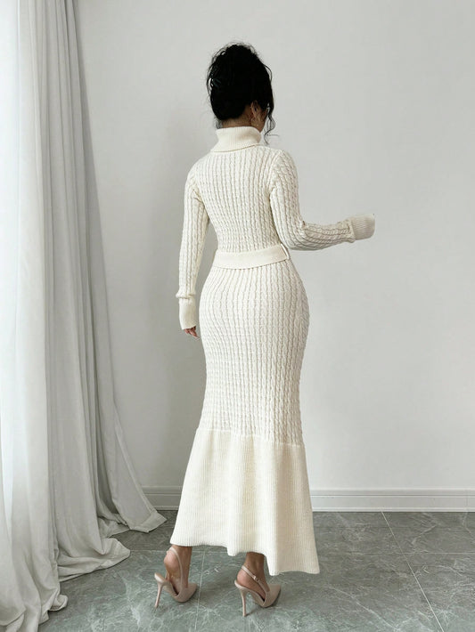 High Collar Belted Sweater Dress - Body By J'ne