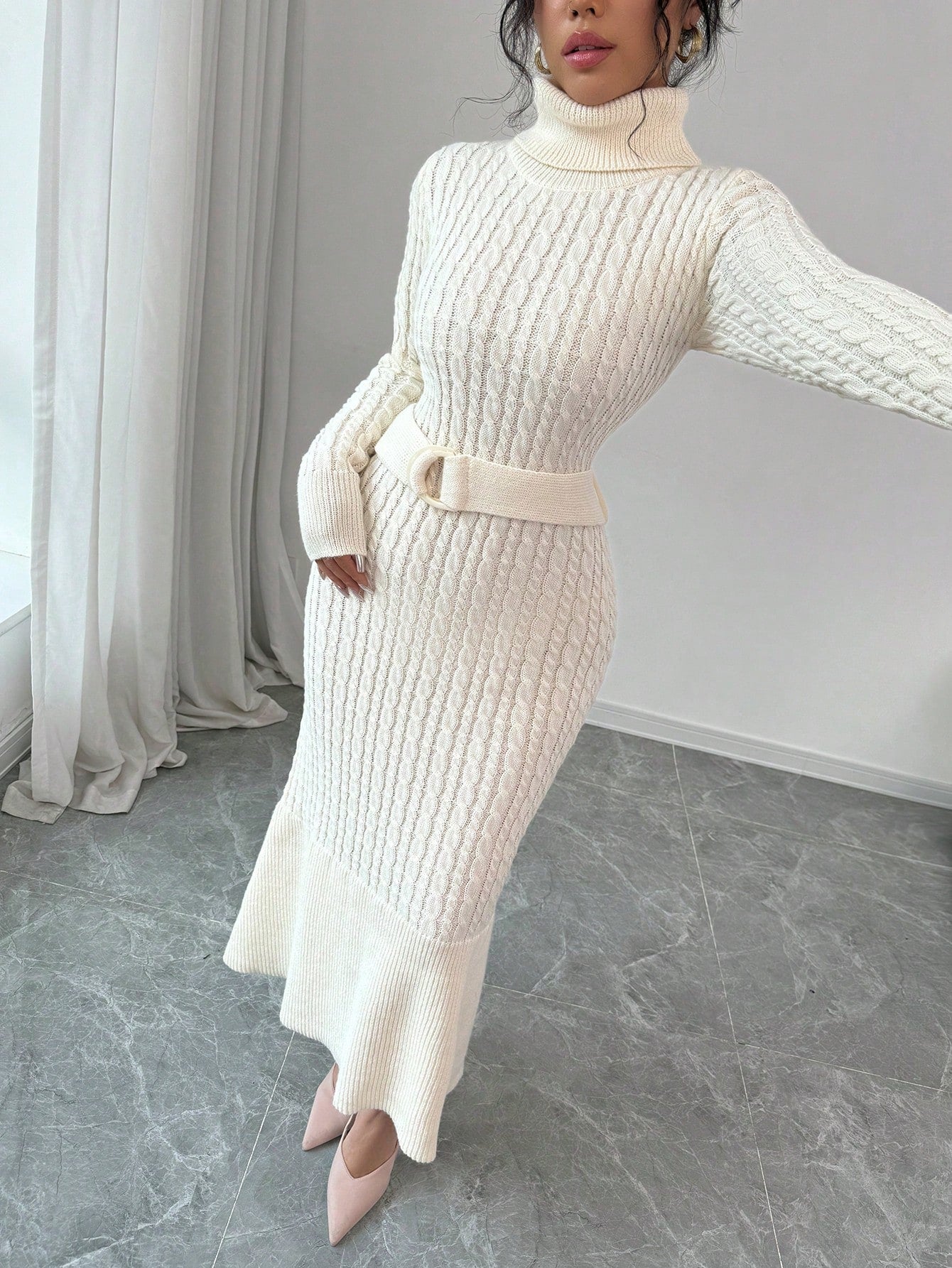 High Collar Belted Sweater Dress