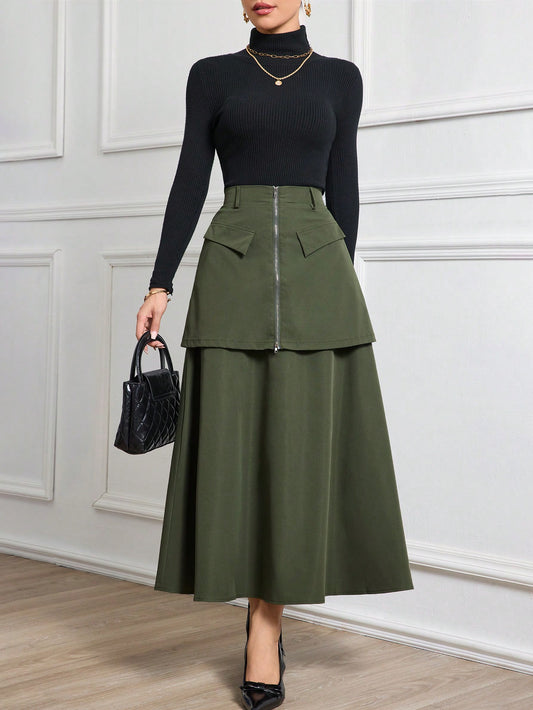 Pleated A-Line Skirt With Overlay