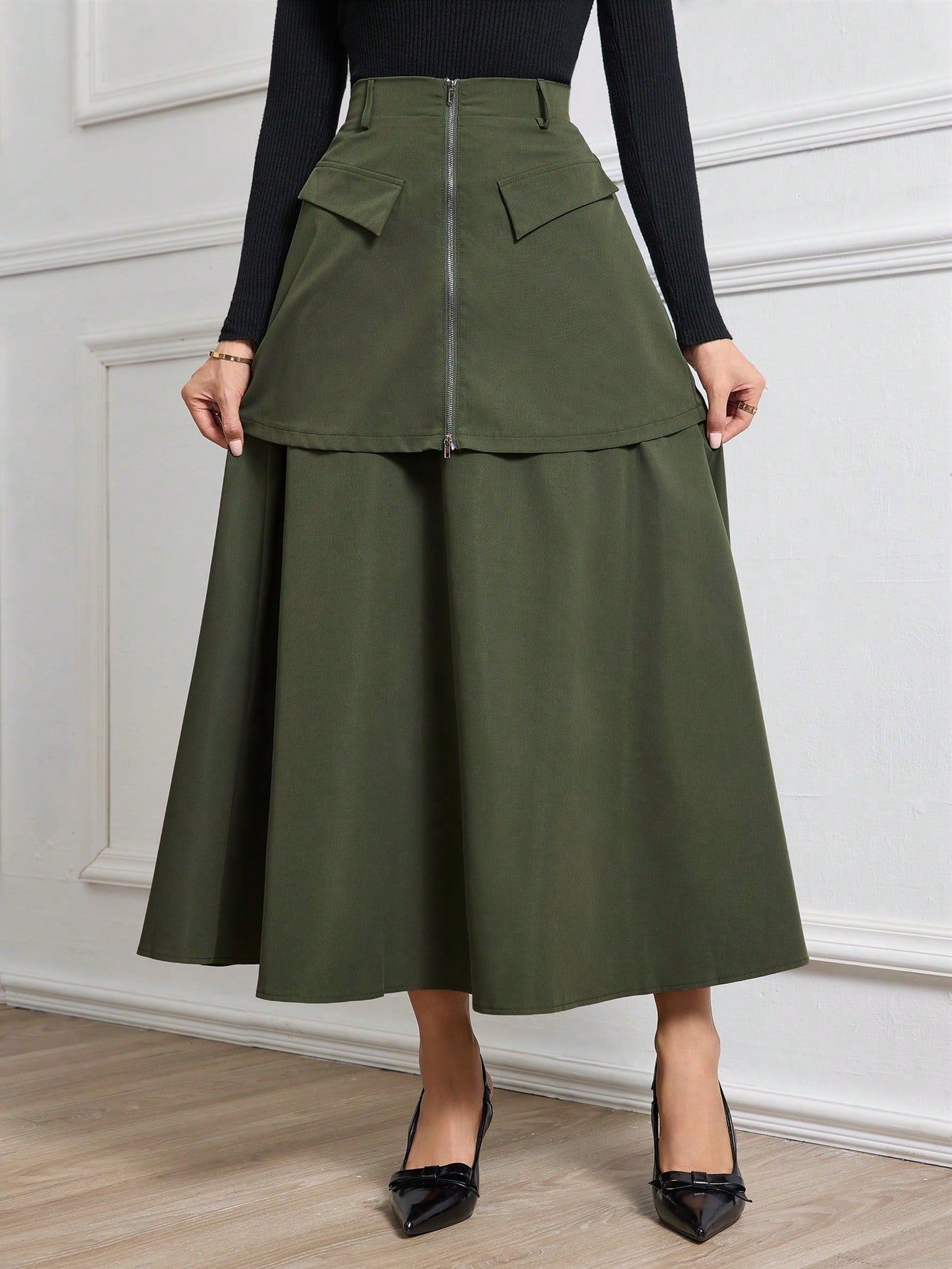 Pleated A-Line Skirt With Overlay