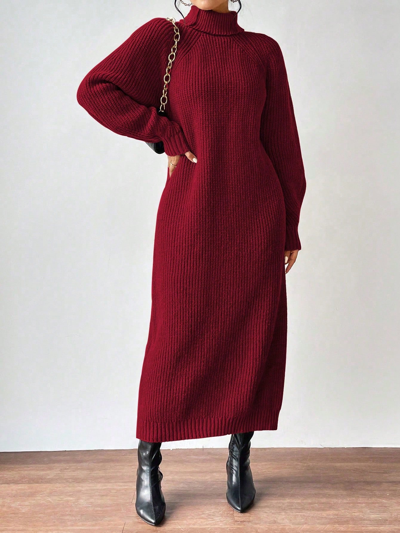 High Neck Raglan Sleeve Sweater Dress