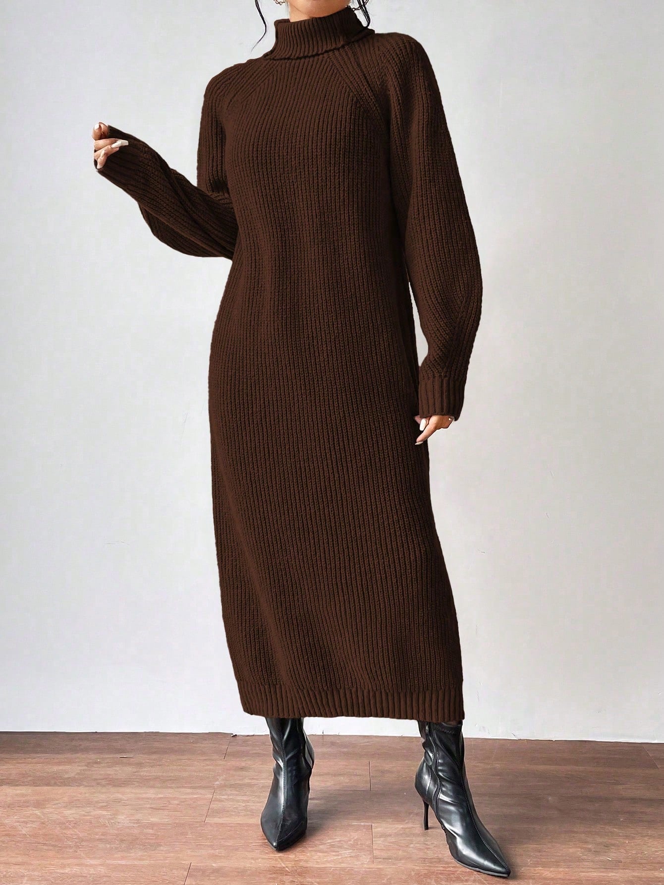 High Neck Raglan Sleeve Sweater Dress