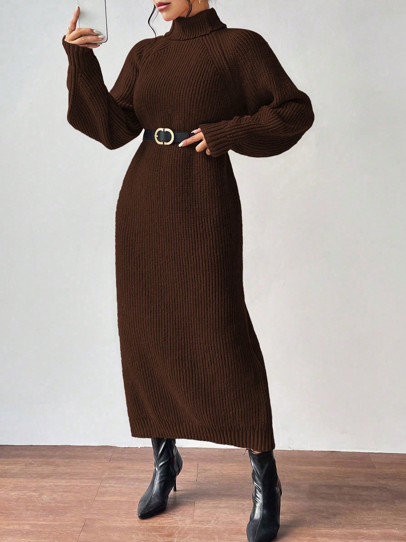 High Neck Raglan Sleeve Sweater Dress