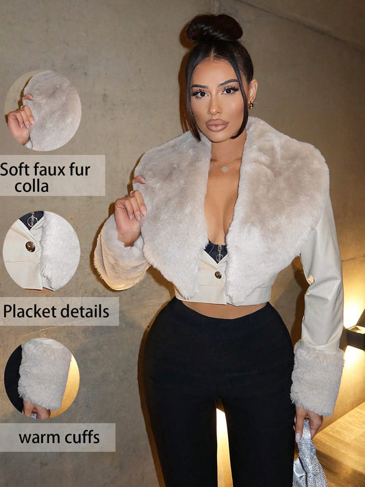 Apricot Cropped Fur Collar Leather Jacket