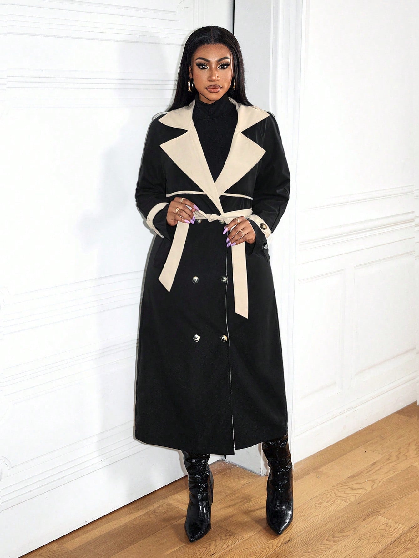 Casual Lapel Collar Color Block Trench Coat - Body By J'ne