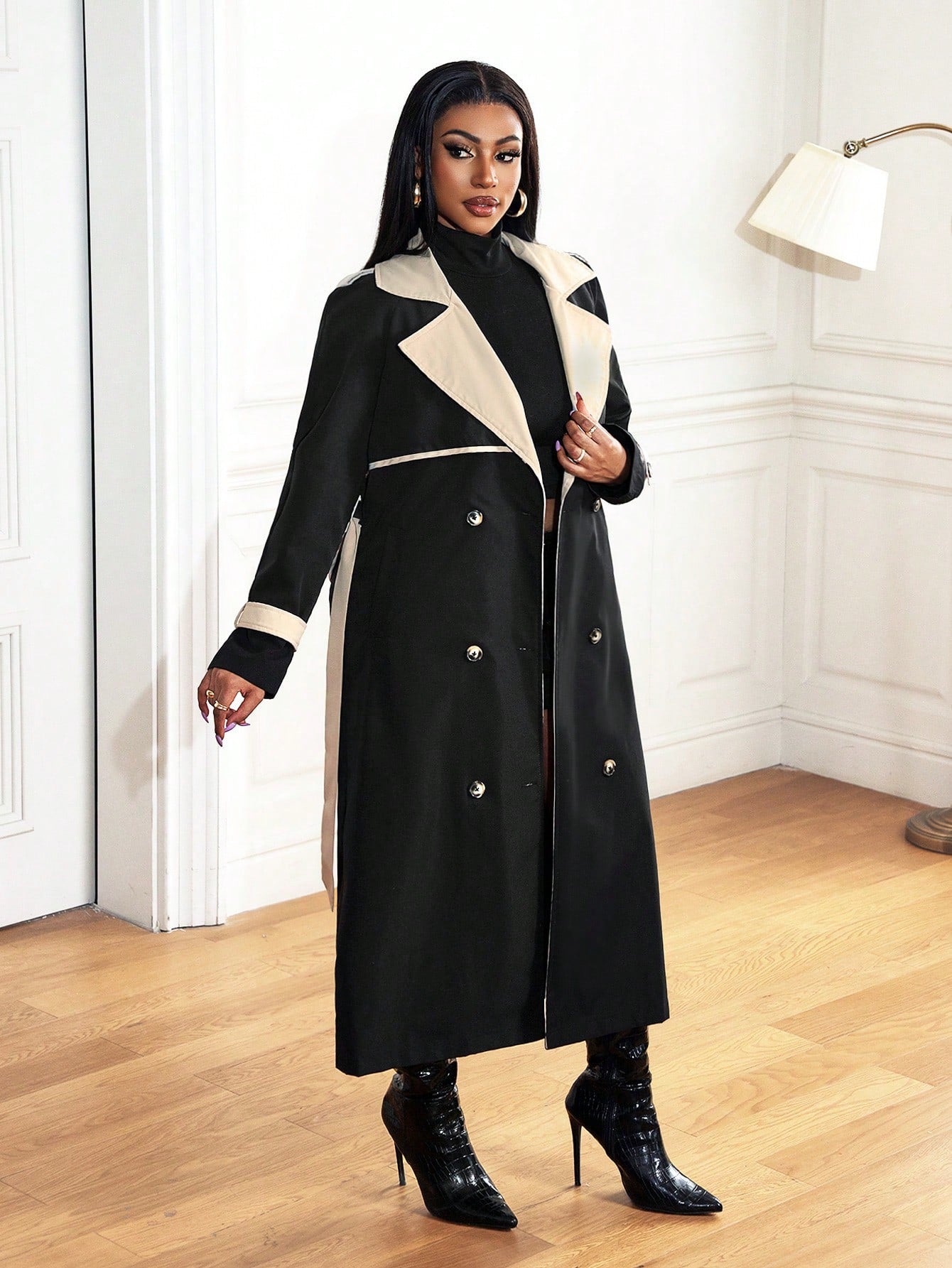 Casual Lapel Collar Color Block Trench Coat