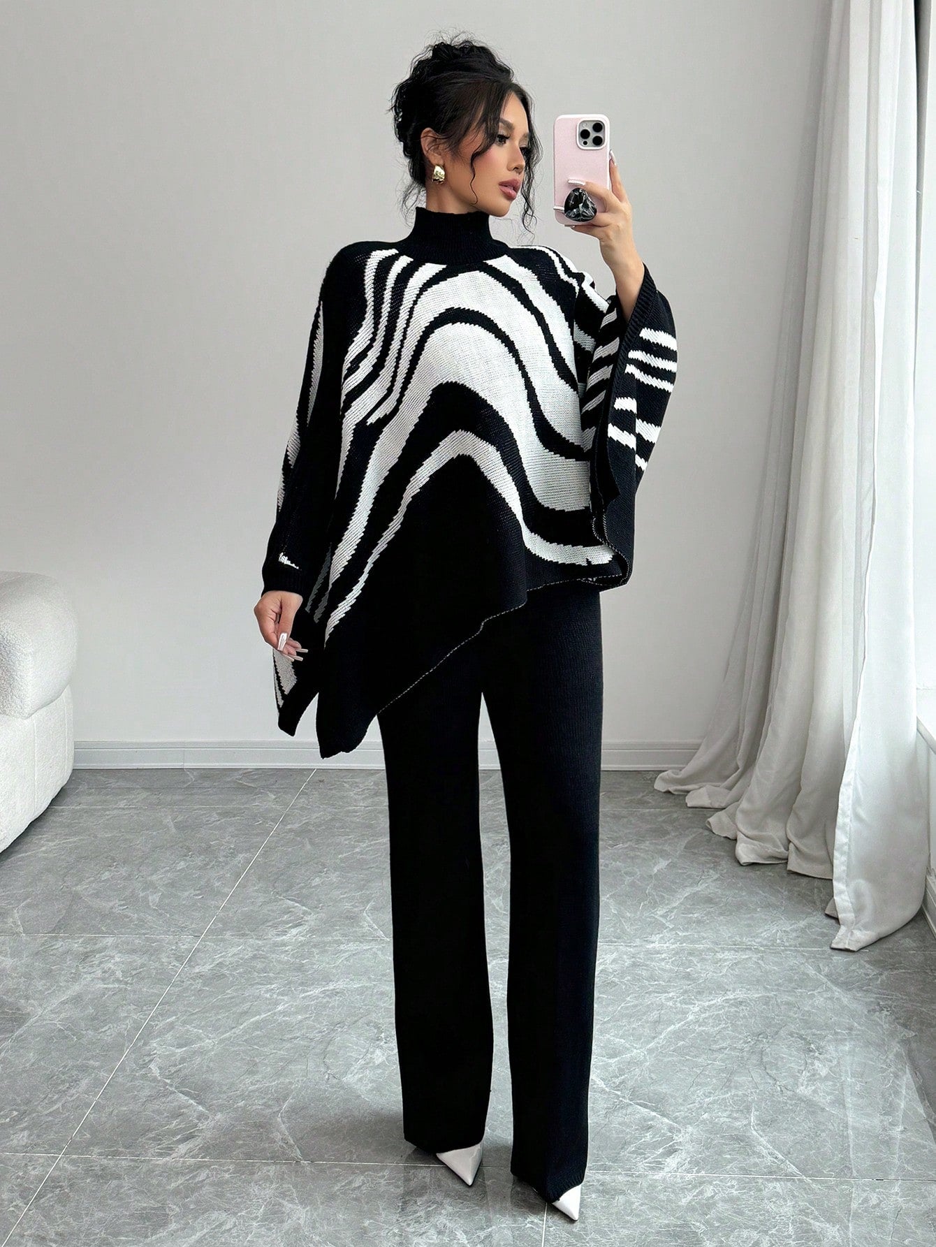 Contrast Zebra Batwing Sweater & Pants Set