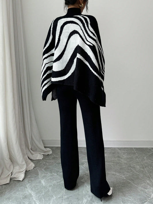 Contrast Zebra Batwing Sweater & Pants Set