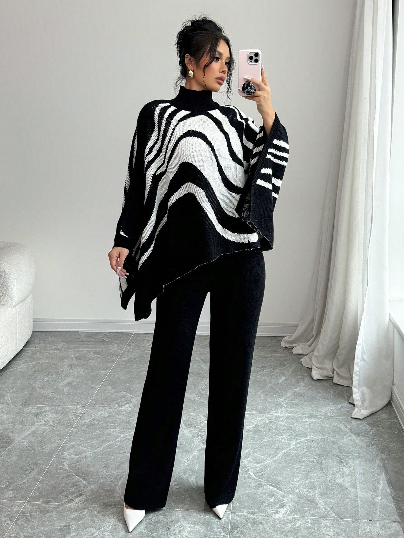 Contrast Zebra Batwing Sweater & Pants Set