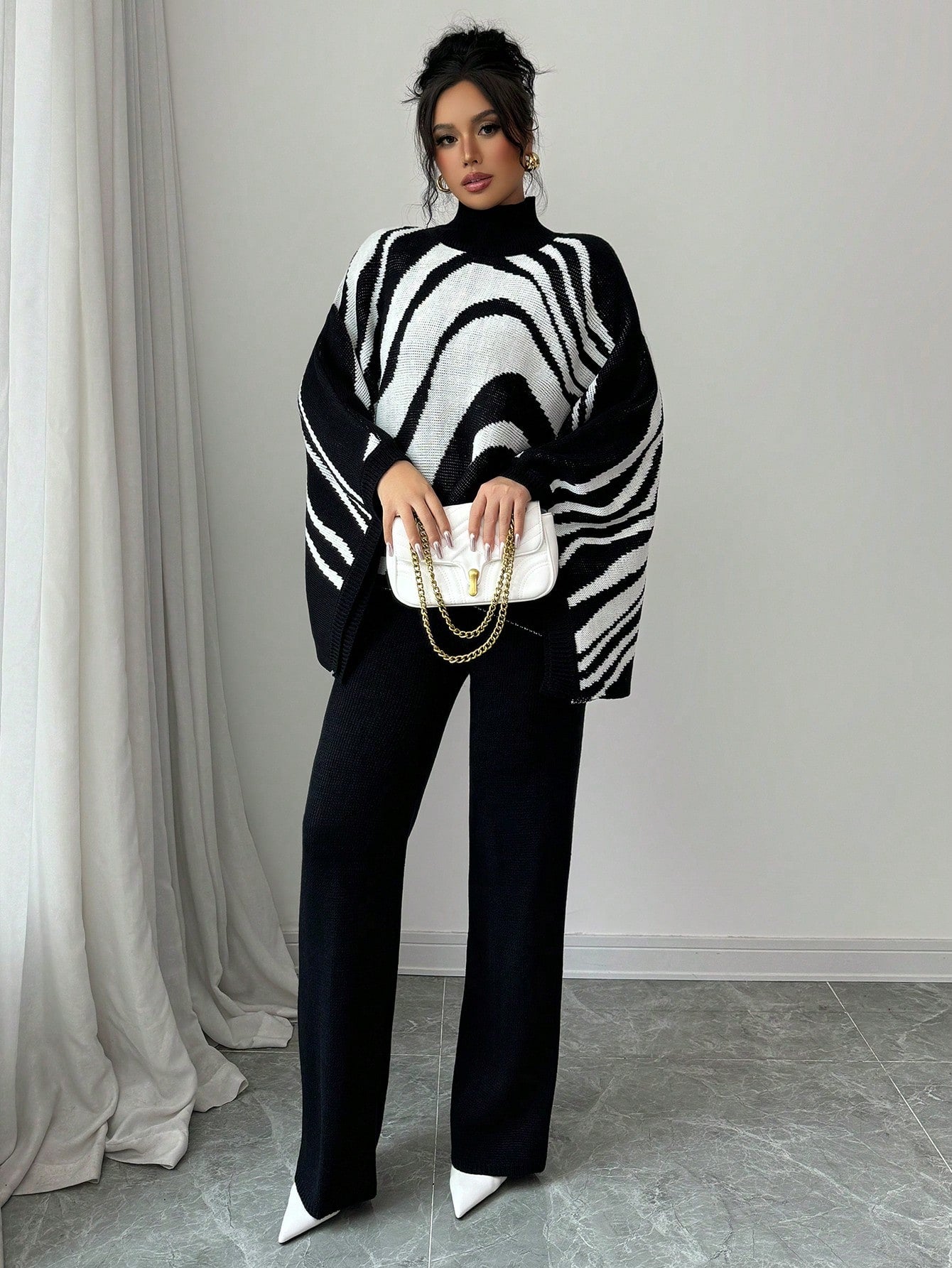 Contrast Zebra Batwing Sweater & Pants Set