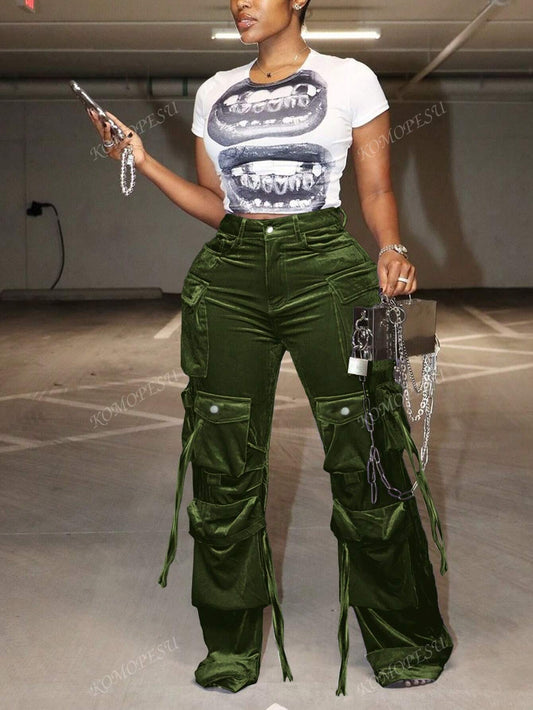 Multi-Pocket Velvet Cargo Pants - Body By J'ne