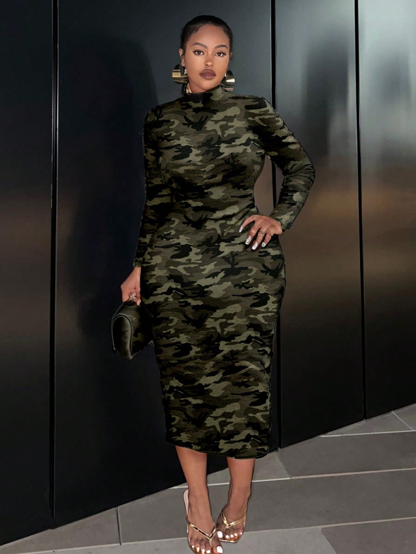 Camouflage Long Sleeve Crew Neck Dress - Body By J'ne