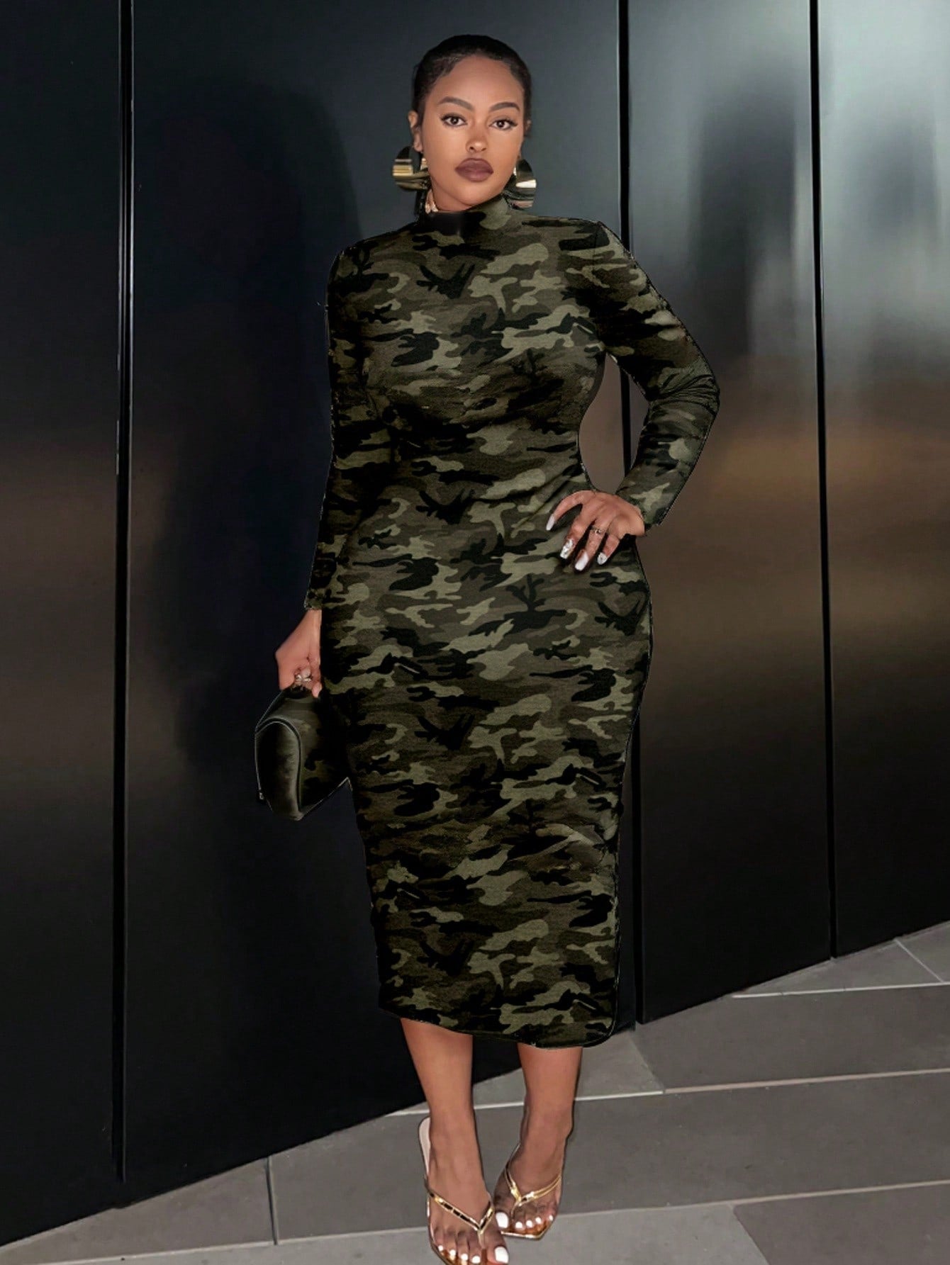 Camouflage Long Sleeve Crew Neck Dress