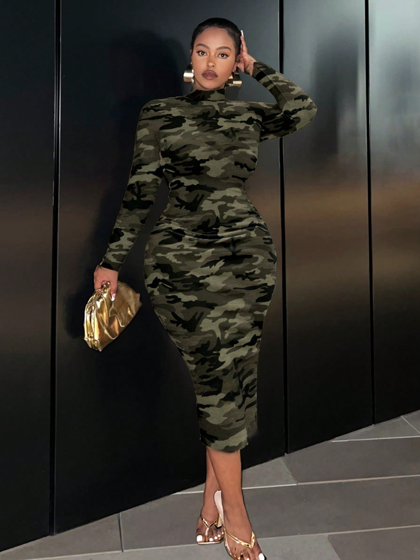 Camouflage Long Sleeve Crew Neck Dress