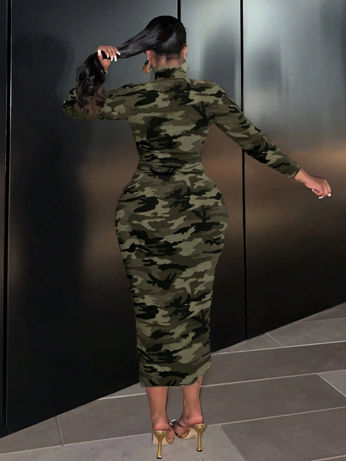 Camouflage Long Sleeve Crew Neck Dress