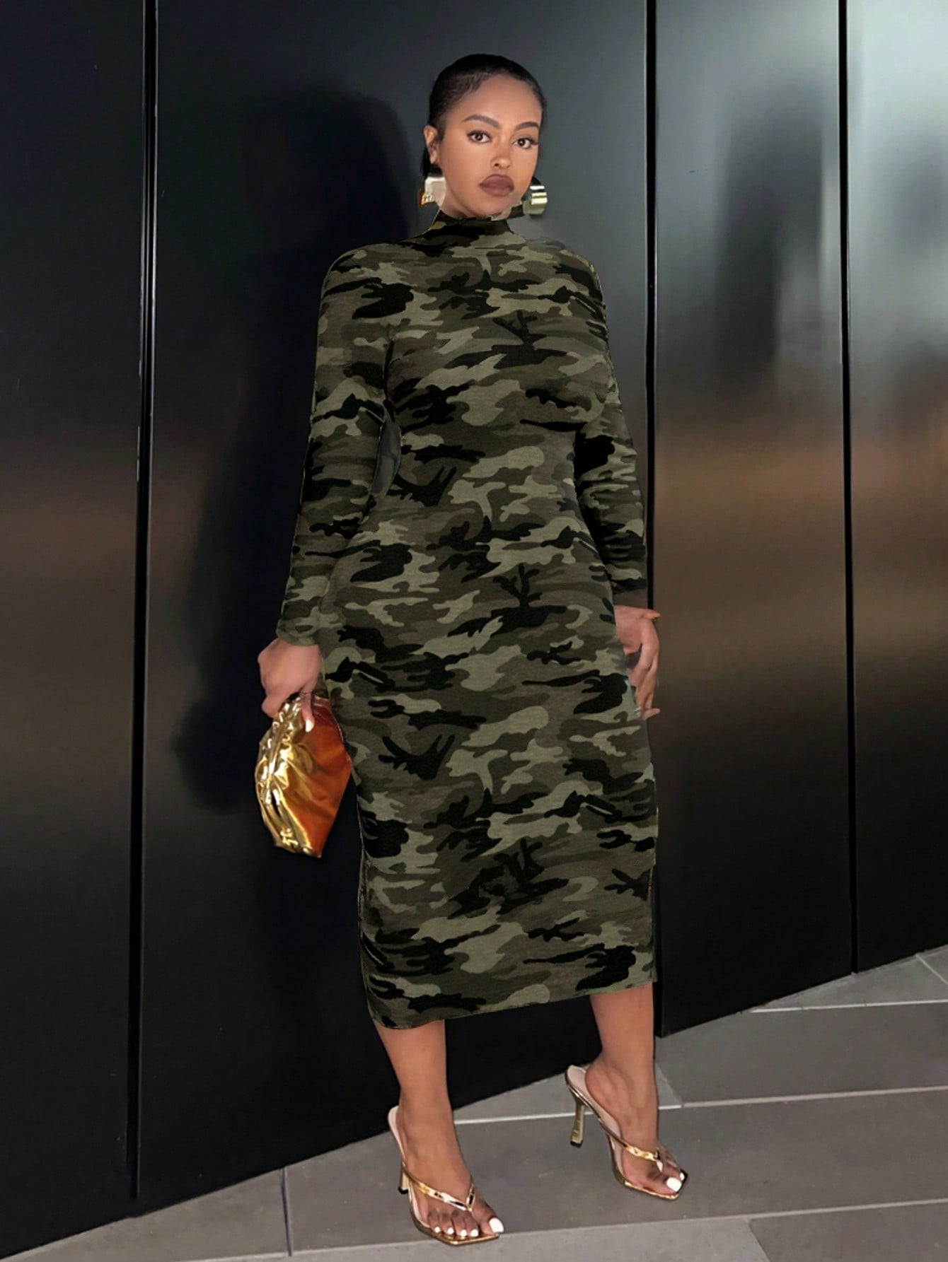 Camouflage Long Sleeve Crew Neck Dress