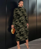 Camouflage Long Sleeve Crew Neck Dress