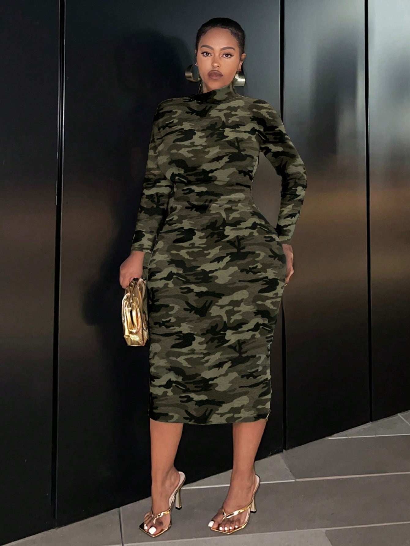 Camouflage Long Sleeve Crew Neck Dress