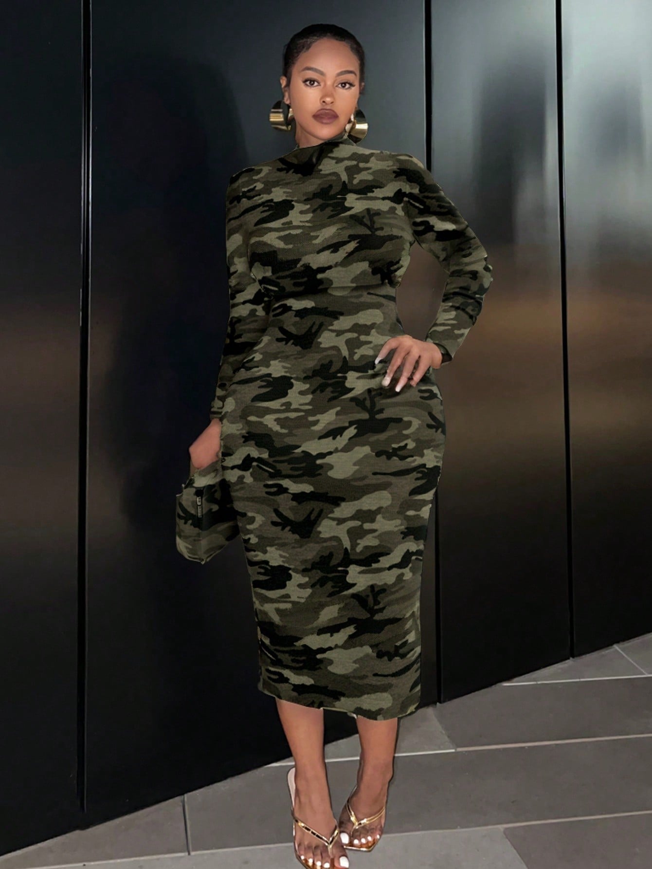 Camouflage Long Sleeve Crew Neck Dress