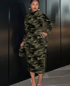 Camouflage Long Sleeve Crew Neck Dress