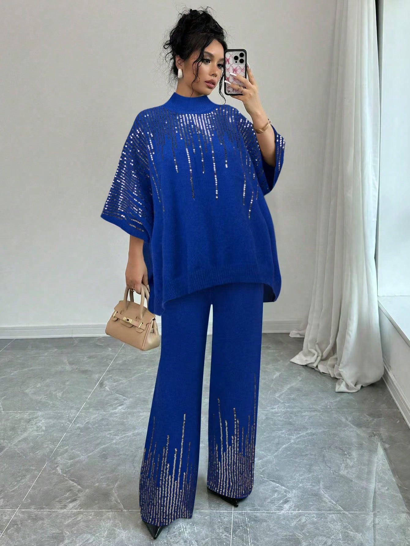 Sequin Patchwork Batwing Sleeve Sweater And Knitted Pants Set - Body By J'ne