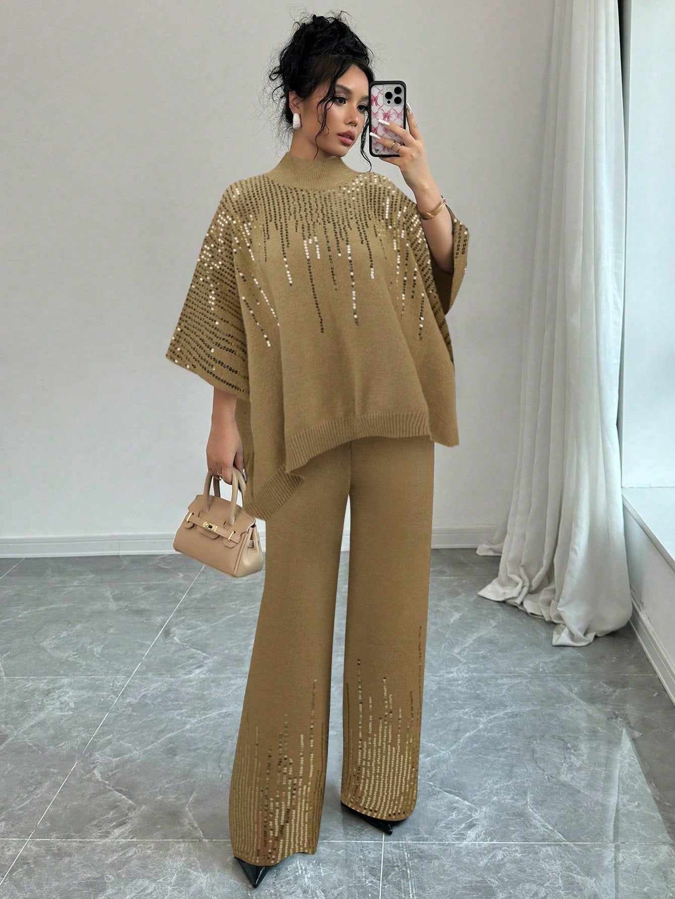 Sequin Patchwork Batwing Sleeve Sweater And Knitted Pants Set - Body By J'ne