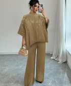 Sequin Patchwork Batwing Sleeve Sweater And Knitted Pants Set