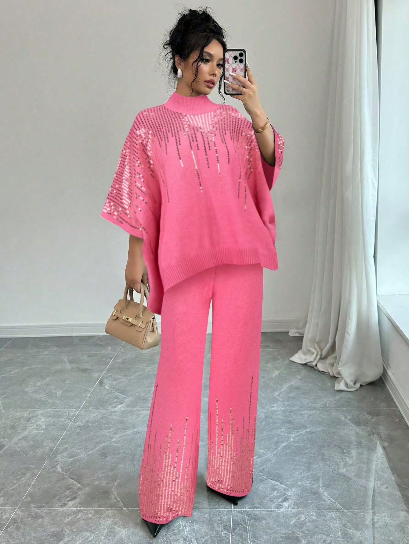 Sequin Patchwork Batwing Sleeve Sweater And Knitted Pants Set - Body By J'ne